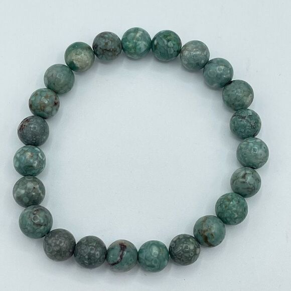 Coral jasper beaded bracelet 7” stretch crystal healing handmade anxiety fears p - Picture 2 of 8